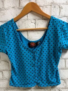 Vintage Blue Polka Dot Button-Front Women's Crop Top 80’s KISSwear